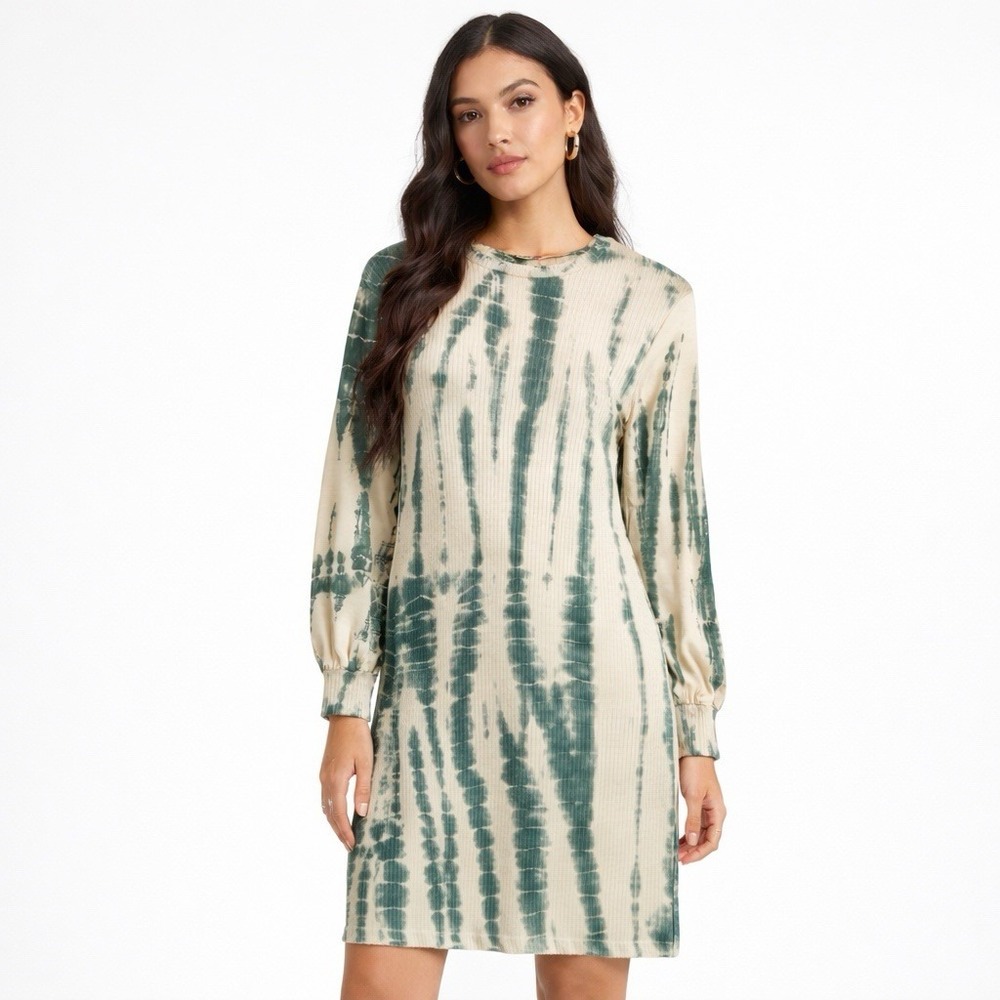 STARK X 100% Linen Tie Dye‎ Mini Dress Size Large Long Sleeves Stretch Ribbed